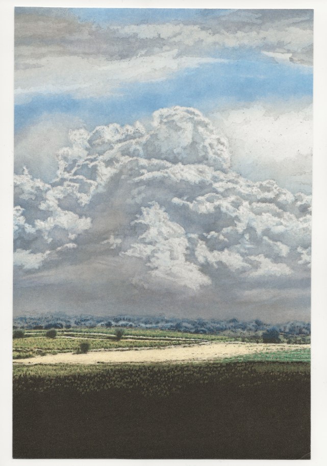 Landschaftsgrafik mit gelb beleuchteten Feld im Vordergrund. Darüber schwebt eine gewaltige Schönwetterwolke vor blauem Himmel in extremem Hochformat.